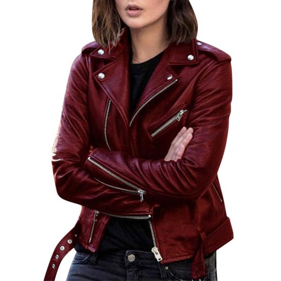 Women Jacket Solid Color Turndown Collar Autumn Winter Long Sleeve Zipper Coat with Belt for Riding