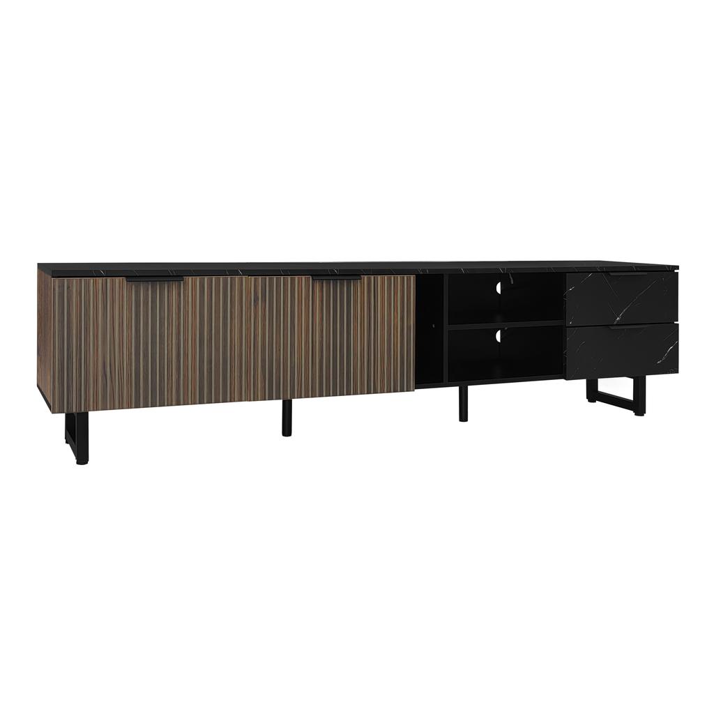 200cm TV Cabinet with Black Marble Look, Dark Wood Grain Doors, Adjustable LED Lighting, Two Doors and Two Drawers, Suitable for Robot Vacuum Cleaners