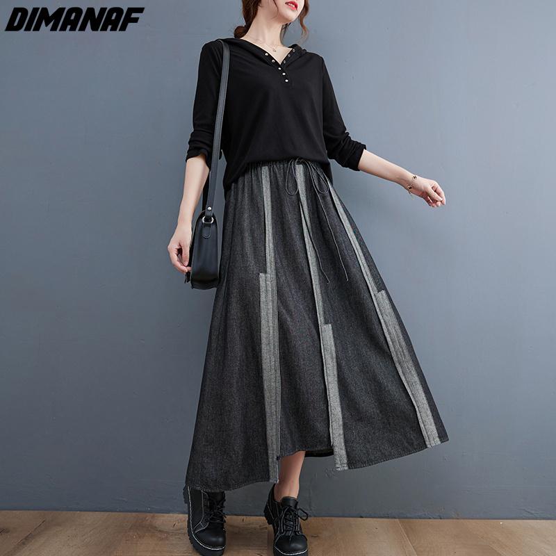 DIMANAF Plus Size Women Floral Linen Skirts Female Elastic Basic High Fashion Japanese Dress