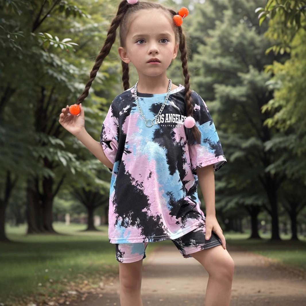 

Летний детский повседневный спортивный костюм с короткими рукавами и принтом 5-6Y