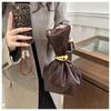 New Pleated Vintage Faux Leather Bucket Bag for Women Small Single Shoulder Wristlet Clutch