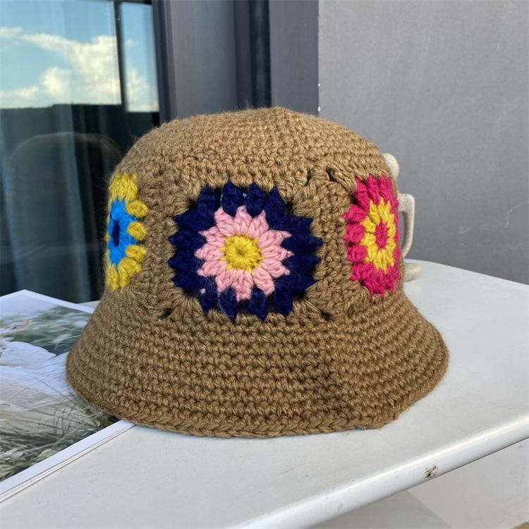 Handmade Knitted Flower Wool Hat Women's Autumn and Winter Bucket Hat Versatile Ethnic Style Warm Basin Hat Lady Foreign Style