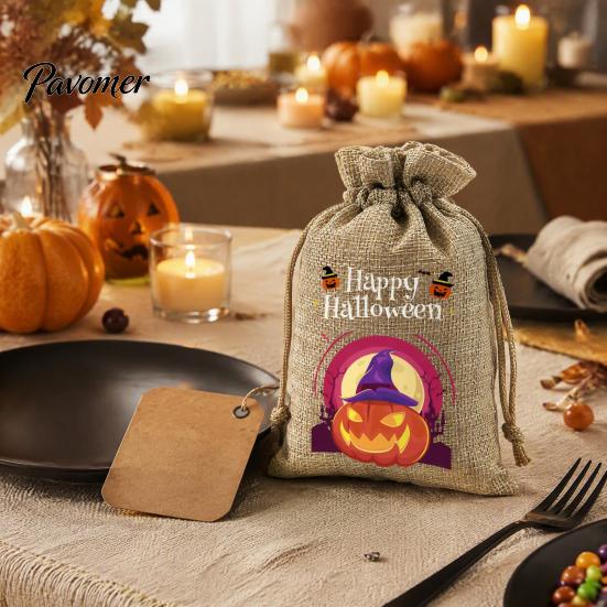Trick or Treat Party Souvenirs 2Pcs Halloween Pumpkin Drawstring Bags for Candy Treats, Retro Burlap Rustic Linen Goodie Bags, Portable Kids
