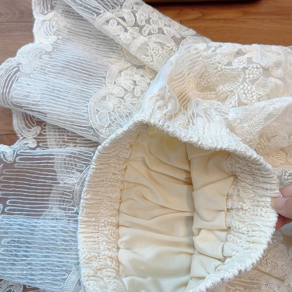 Korean Style Lace Embroidered Midi Skirt - All-Season Puffy Mesh Umbrella Design