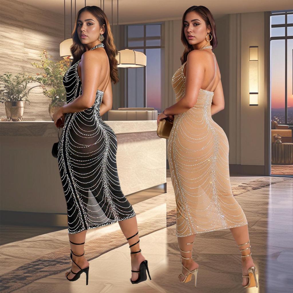 Sexy Figurbetontes Langes Damenkleid mit Strasssteinen