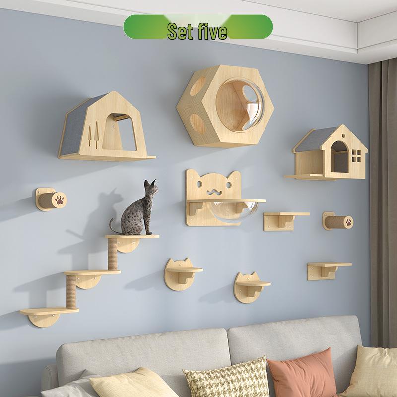 Wall-Mounted Solid Wood Cat Tree with Scratching Board and Jumping Platform