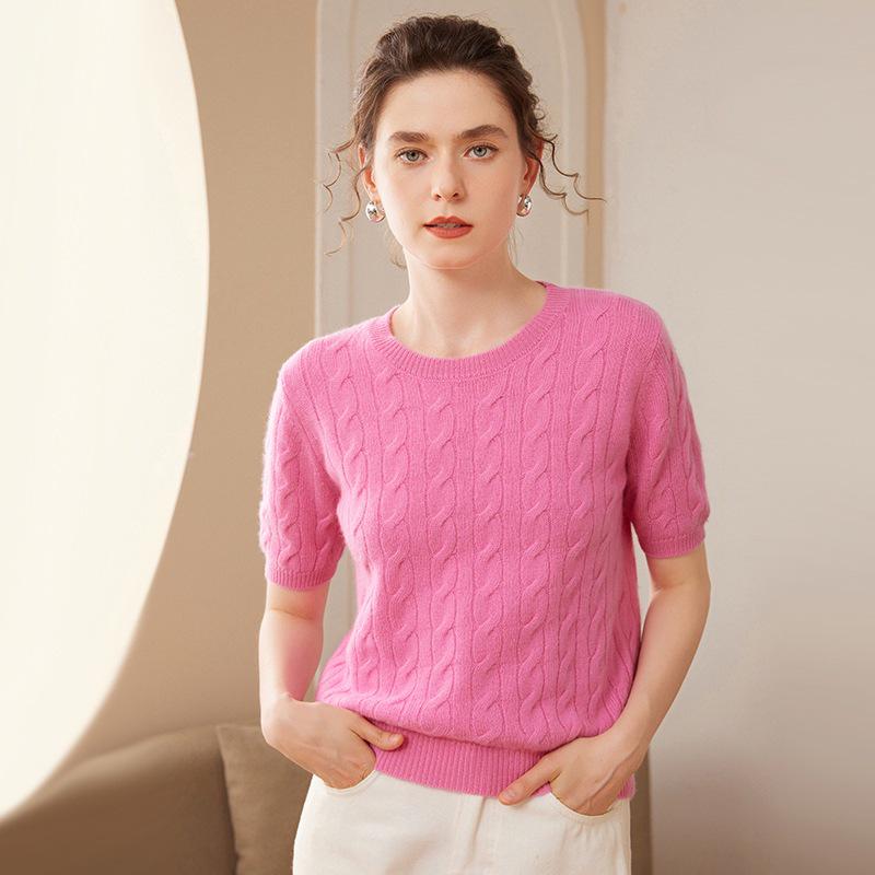 Women's Yellow Cable Knit Cashmere Short-Sleeve Sweater - Autumn/Winter Round Neck Pullover