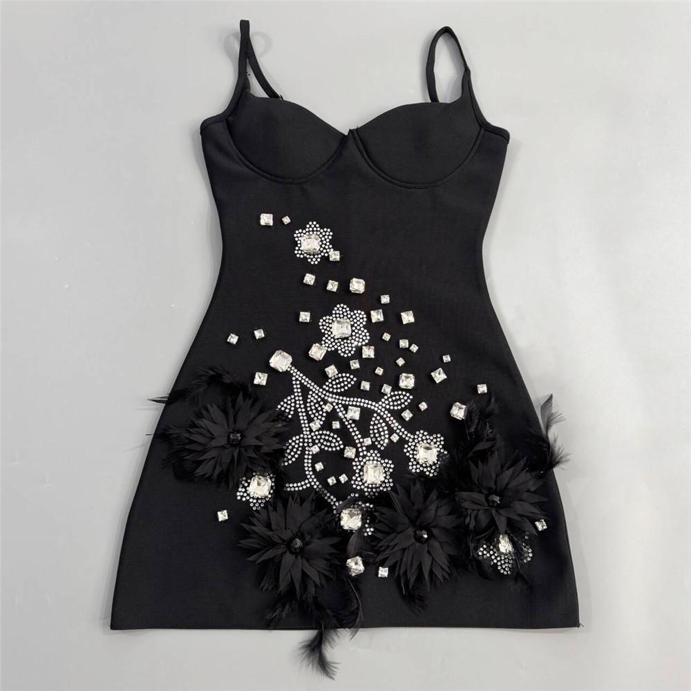 2026 Women's Rhinestone Feather Spaghetti Strap Bandage Mini Dress - Little Black Prom Party Dress