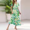 Ladies Summer Casual Fashion V-Neck Ruffle Sleeve Floral Print Midi Dress