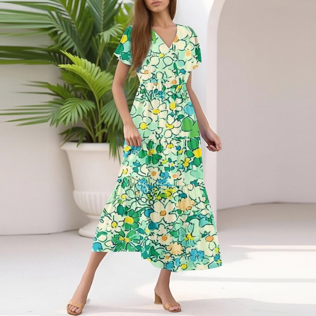 Ladies Summer Casual Fashion V-Neck Ruffle Sleeve Floral Print Midi Dress