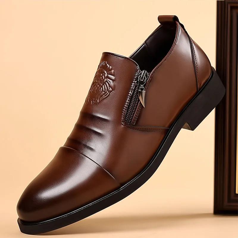 Nové Pánské společenské boty Černá Hnědá Zip Nazouvací Ležérní Mokasíny Pánské Business Kožené Boty Módní Lev Malé podpatky Svatební boty