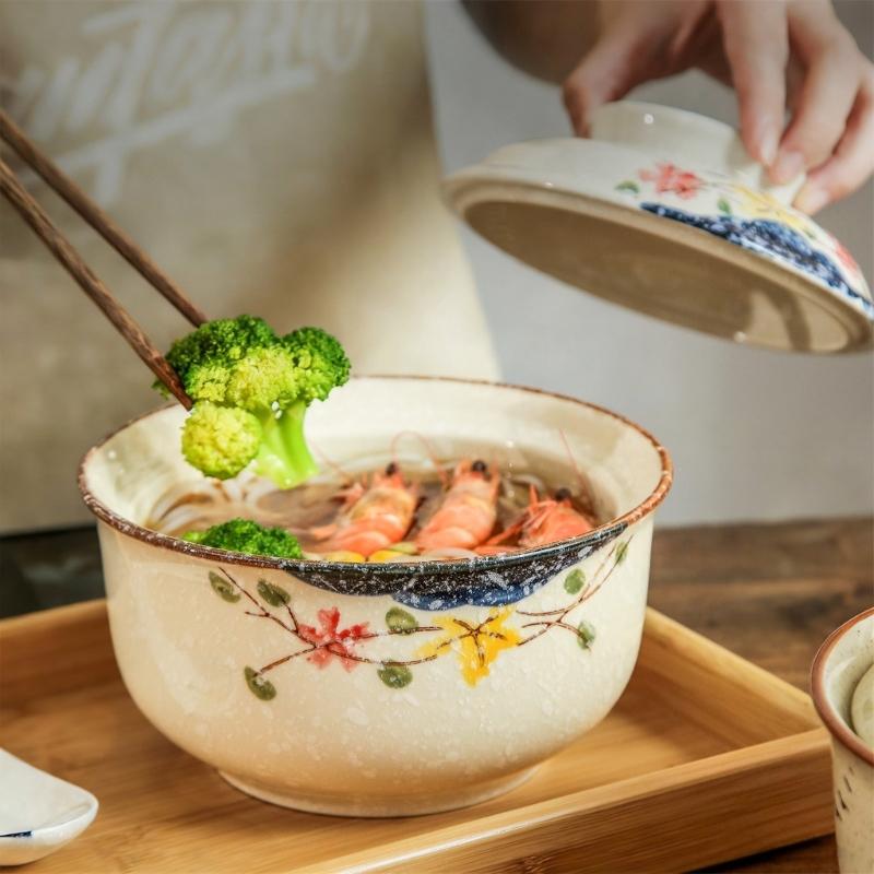 Elegant Ceramic Ramen Noddle Soup Bowl with Lid Microwave Oven and Dishwasher Safe for Formal Dining and Daily Activity