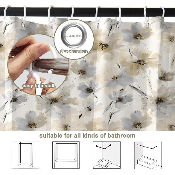 Yellow Gray Floral Shower Curtain,Beige Grey Flower Shower Curtain Set for Bathroom,Natural Watercolor Flower Fabric Bath Curtain with Hooks, 72x72in