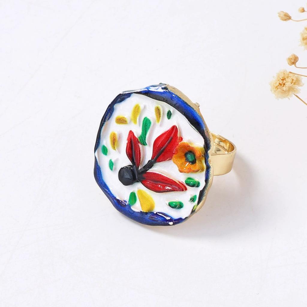 New Ethnic Style Colorful Drip Oil Flower Open Rings for Women Exquisite Metal Geometric Temperament Party Jewelry Accessories