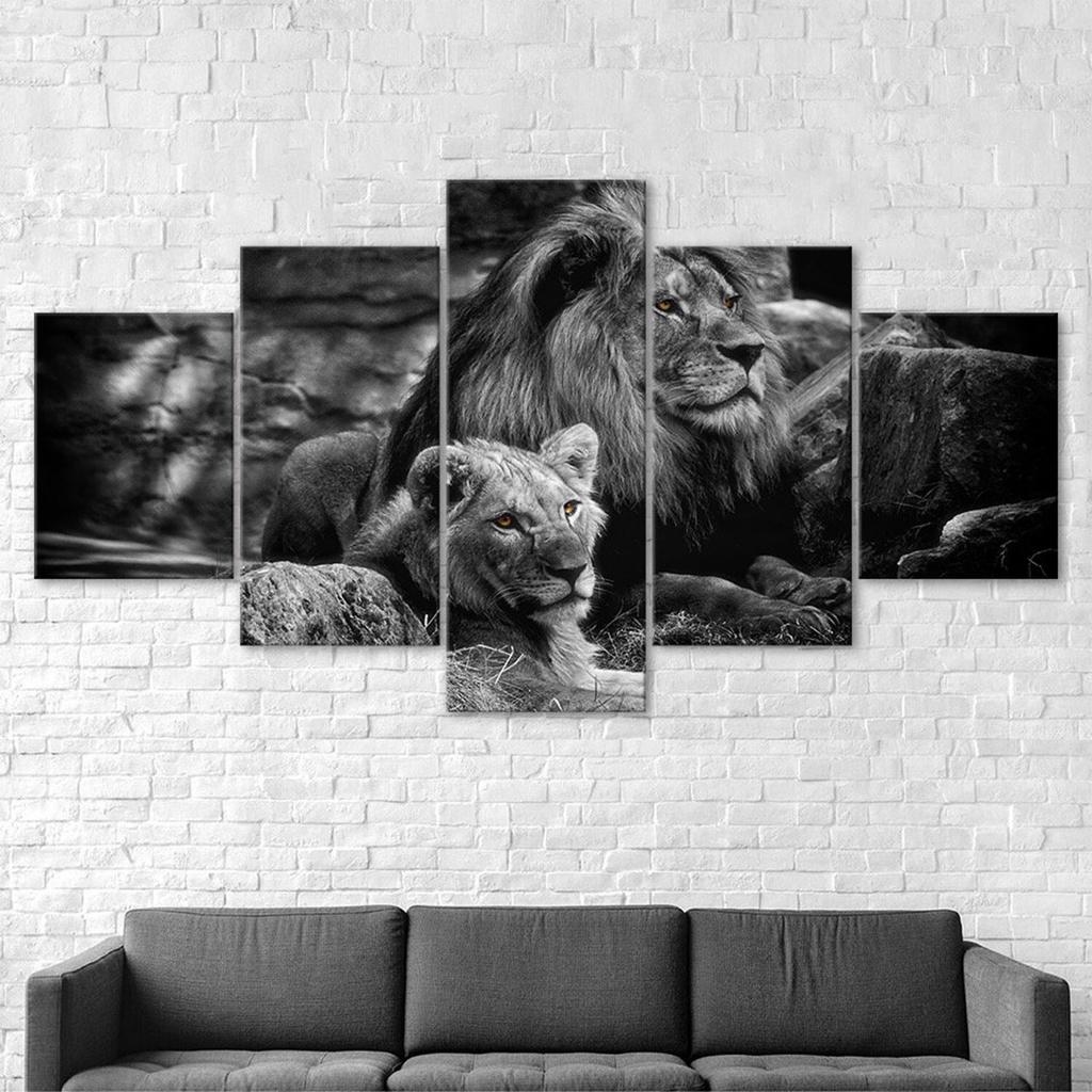 Lion Family Animal Couple White Black Scene 5 Piece Five Panel Wall Canvas Print Modern Art Poster Home Decor Gift For Him For Her