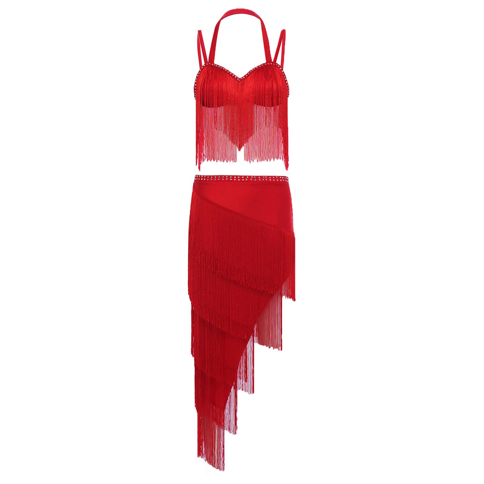

Womens Latin Tango Costume Halter Top Rhinestone Fringe Camisole Tiered Tassel Irregular Skirt Set S
