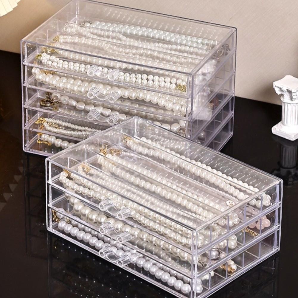 Průhledný úložný box na náhrdelníky, 3/5 vrstvý, prachotěsný zásuvkový organizér na šperky pro ženy