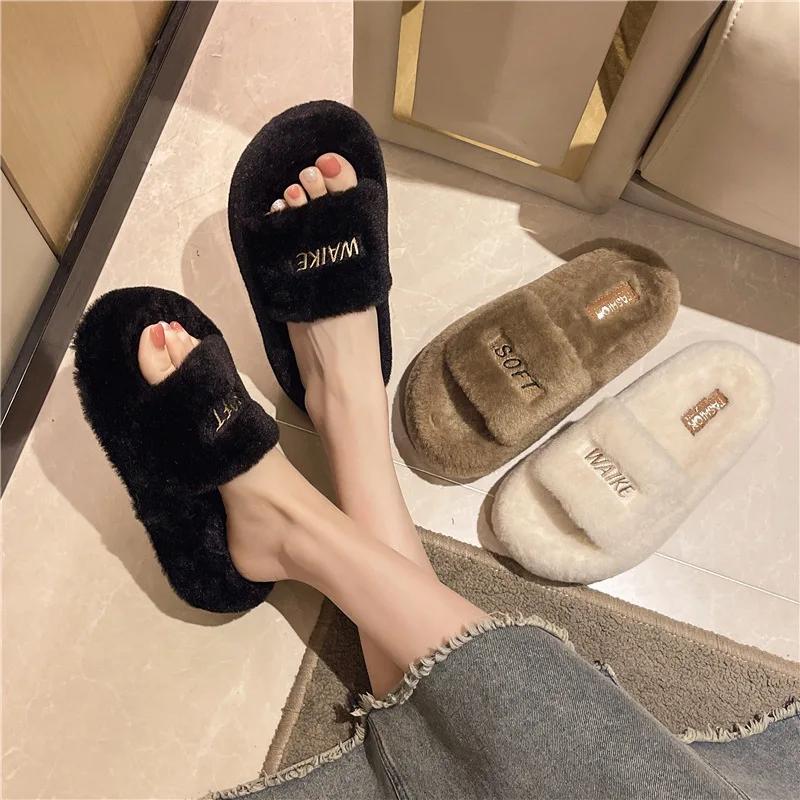 Pantofle s tlustou podrážkou z vlny Dámské 2024 Nová podzimní a zimní móda Vlněný sametový domácí bavlněný nazouvák Dámské boty