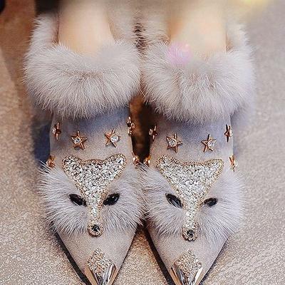 Winter New Padded Fox Head Lazy Hairy Shoes Women Thick with Short Boots