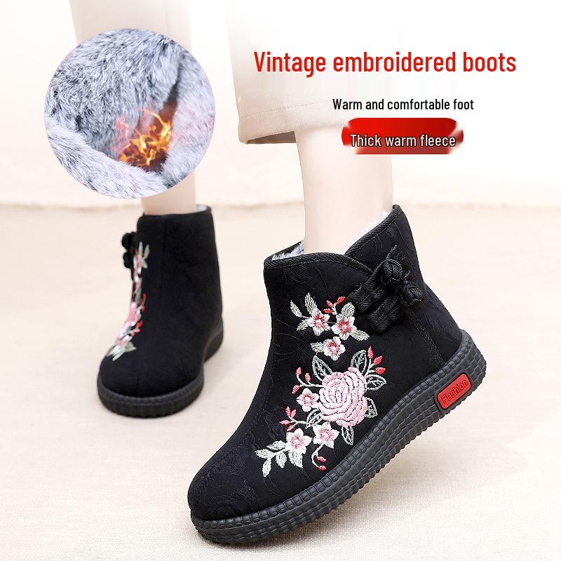 Botines Retro Bordados para Mujer - Zapatos de Mamá de Algodón Felpudo Cálido, Estilo Étnico.