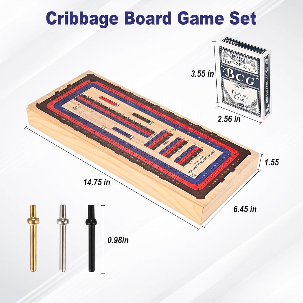 Cribbage Board Game Set, 3 Tracks Wooden Cribbage Board with Larger Storage Area, 1 Playing Card and 18 Metal Pegs, Travel Cribbage Board for Kids