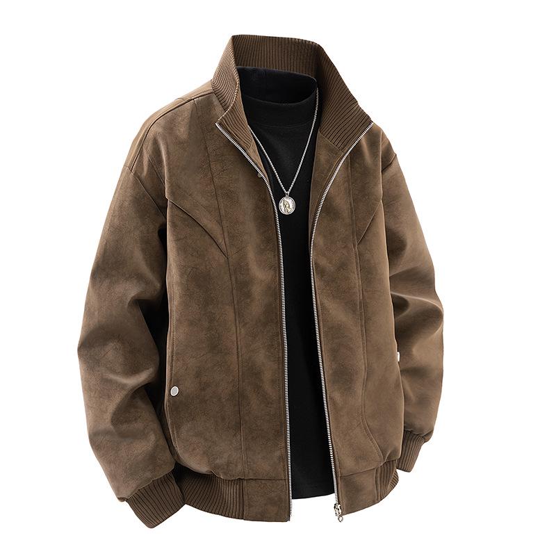Men's Spring/Autumn Plus Size PU Leather & Corduroy Jacket - Trendy Lapel, Loose Fit, Hong Kong Style