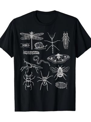 MenS Casual 100 180g TShirt with White Line Art Insect Invertebrate Illustrations Regular Fit Crew Neck Machine
