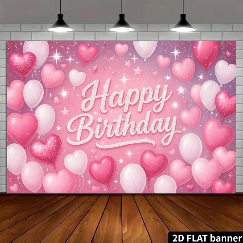 

2D Pink Heart & Star Happy Birthday Backdrop Banner Party Photography Background 47.2x31.5inch/120*80cm