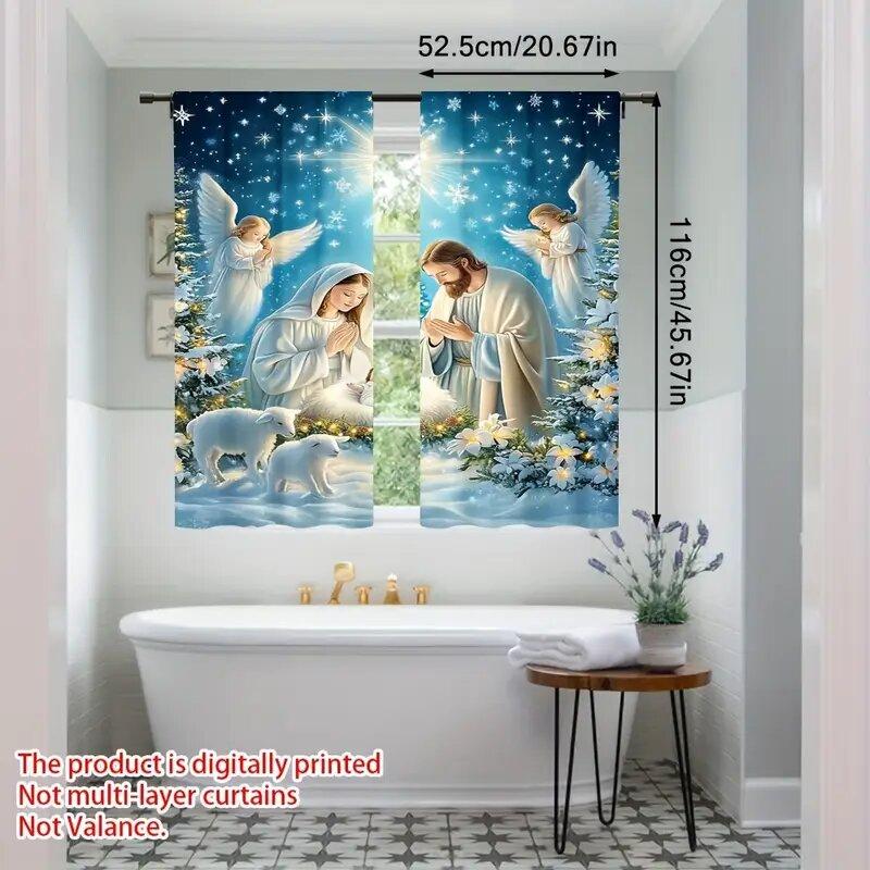 2pcs - Christmas Night scene angel and snowflake pattern printed curtains, pole bag curtains, home decoration, room decoration