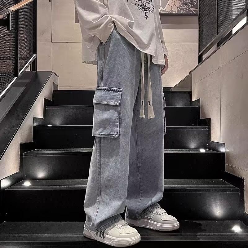 Camouflage large pocket overalls men's spring and autumn wide-leg straight men's denim casual long pants