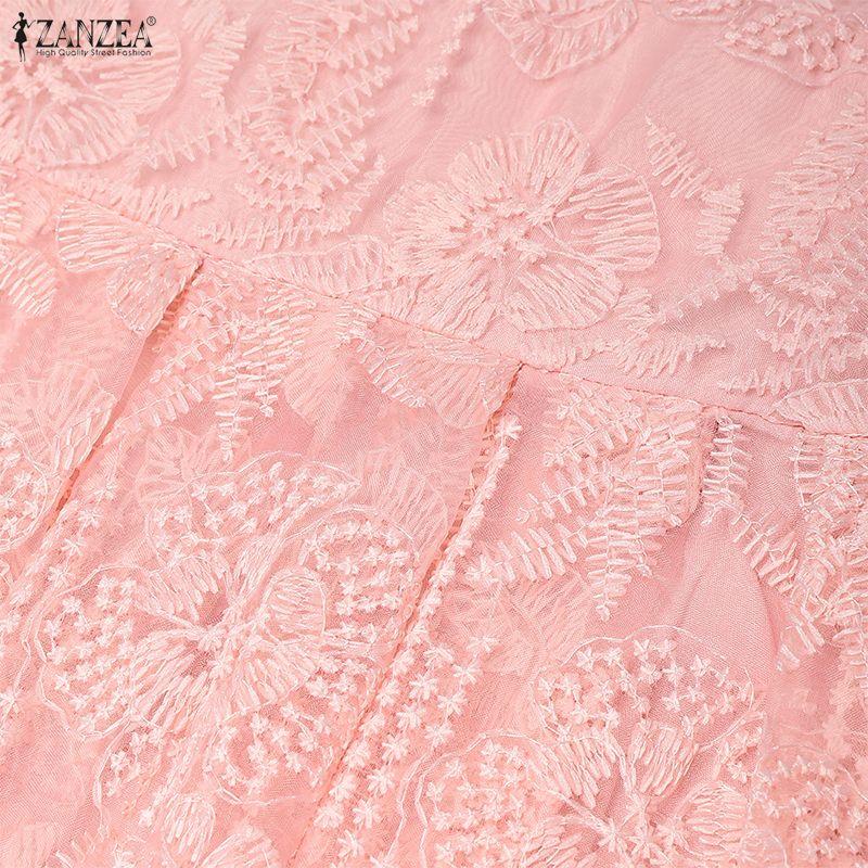 ZANZEA Women Casual Round Neck Summer Lace Patchwork Short Sleeve Dress