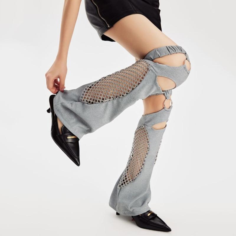 Women Harajuku Suspender Flared Leg Warmer Aesthetic Punk Garters Stockings Hollow Out Fishnet Leg Cover Streetwear