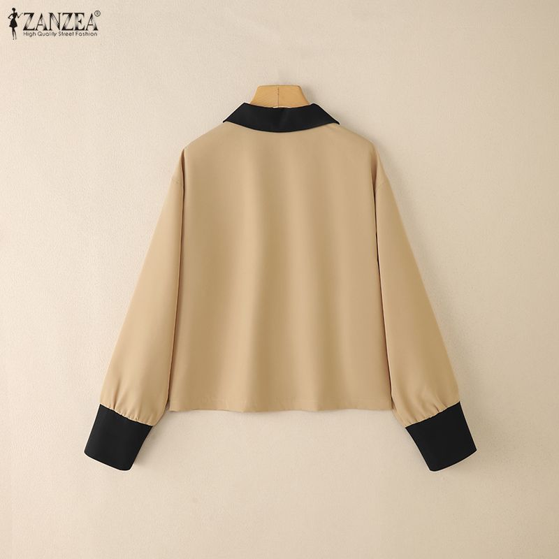 ZANZEA Bluză lejeră cu mânecă lungă, cu guler răsturnat pentru femei