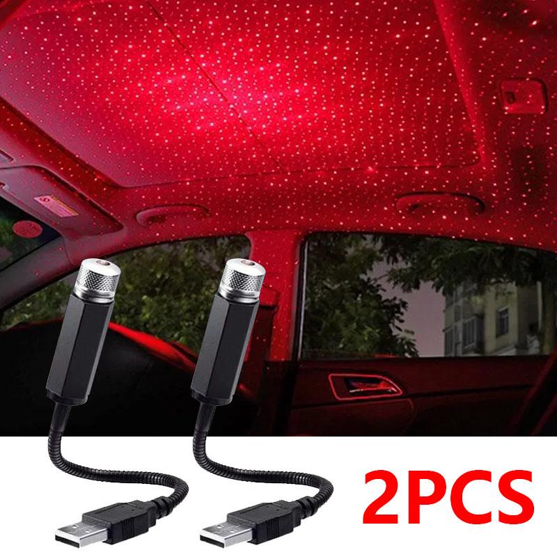 2Pcs Mini LED Car Roof Star Night Lights Interior Ambient Starry Sky Projector Light Auto Roof Room Ceiling USB Atmosphere Lamp