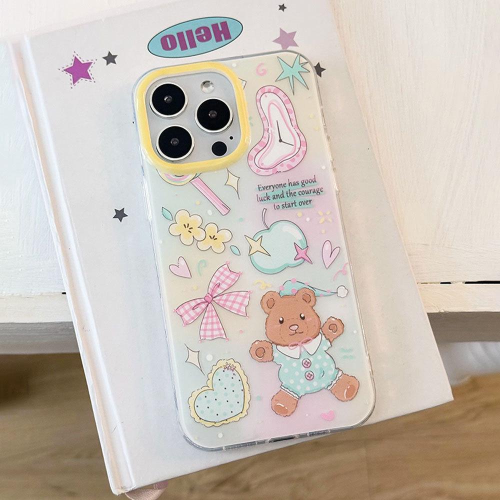 New Color blocked Bear Bow Suitable for Apple 16 Mobile Phone Case Small Fresh 15PROMAX Protective Case Korean 14