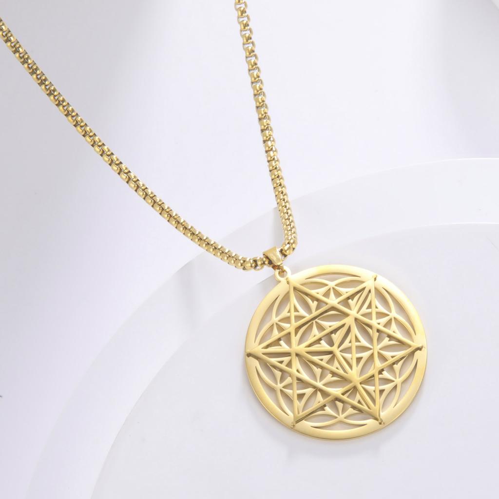 LIKGREAT Złoty Kolor Okrągły Kwiat Życia Merkaba Wisiorek Naszyjnik Amulet Medytacyjny Biżuteria ze Stali Nierdzewnej Prezenty na Walentynki