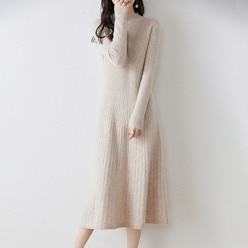 Women's Mid-length Knitted Dress Solid-color Casual Knee-length Sweater Dress Stylish Long Pullover for Autumn and Winter