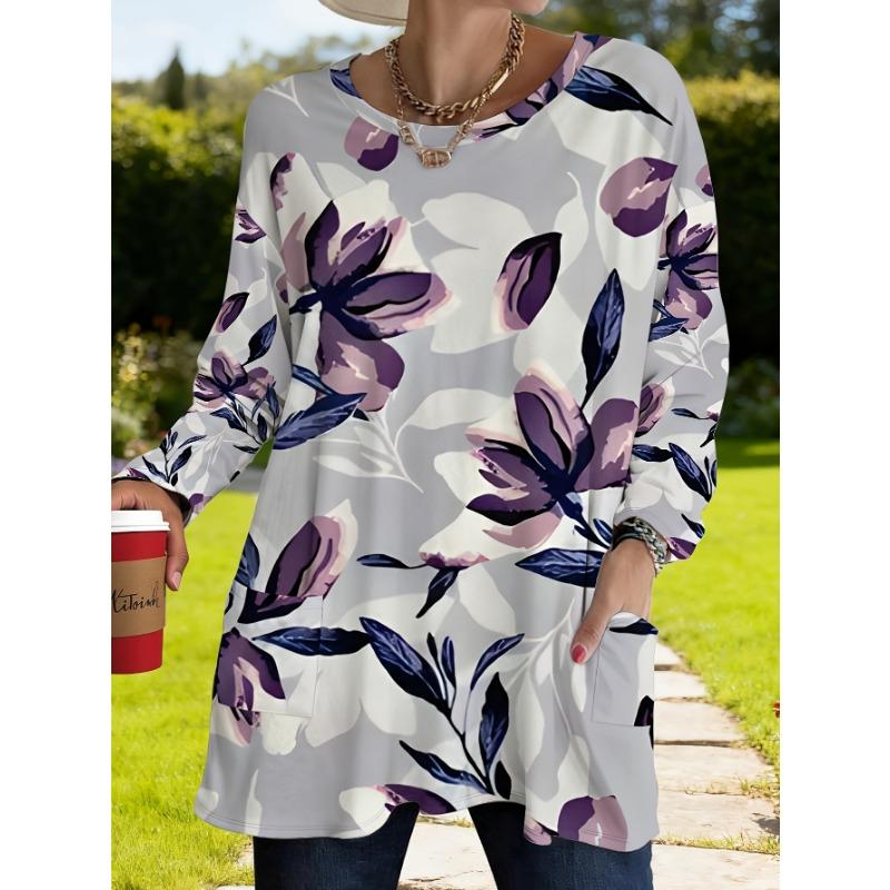 Women's Plus Size Elegant Purple Flower Print Long Sleeve Loose T-Shirt with Pockets for Women