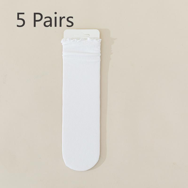 5 Pairs of Summer Ice Silk Cat Socks for Women, Thin Style with Black Fungus Edges, Middle Tube, White, Fluffy and Cute Ice Stockings