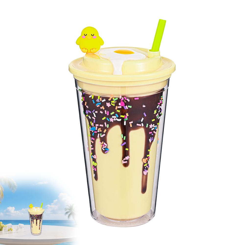 Cute Ice Cream Straw Cup Creative Double Layer Plastic Water Bottle With Crushed Ice Decor Portable Tumbler For Girls Kids Gift светло-серый