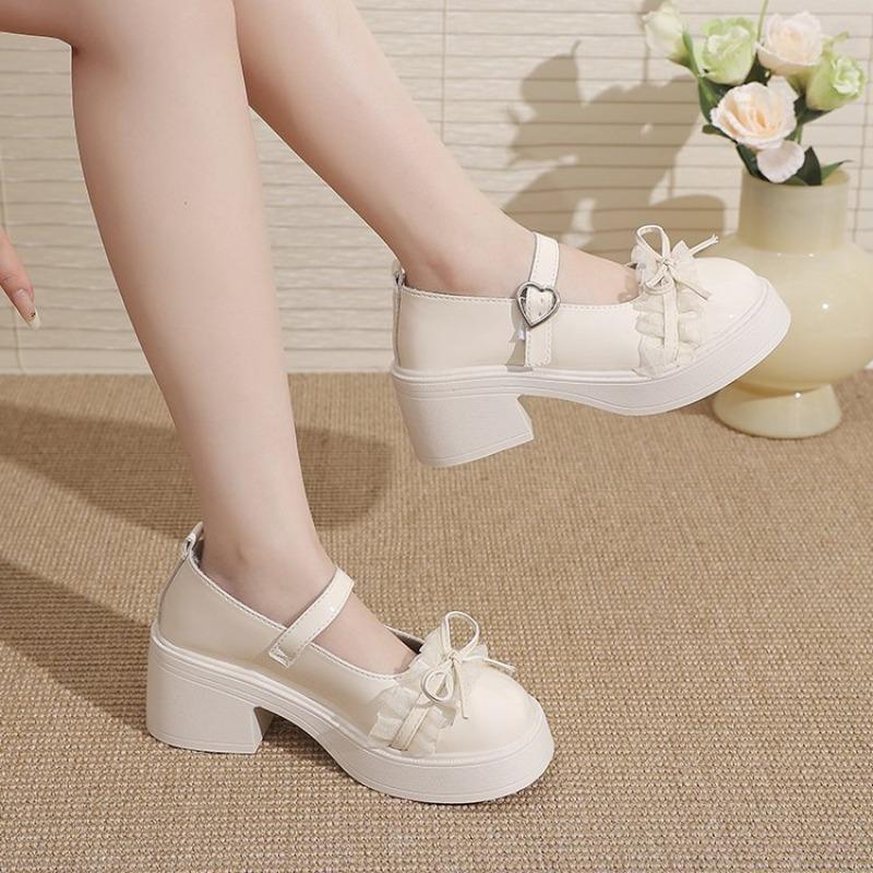 Fashion Ankle Buckle Chunky Heels Bow Women Japanese Style Patent Leather Mary Jane Shoes Woman Punk Thick Heels Single Lolita Shoes