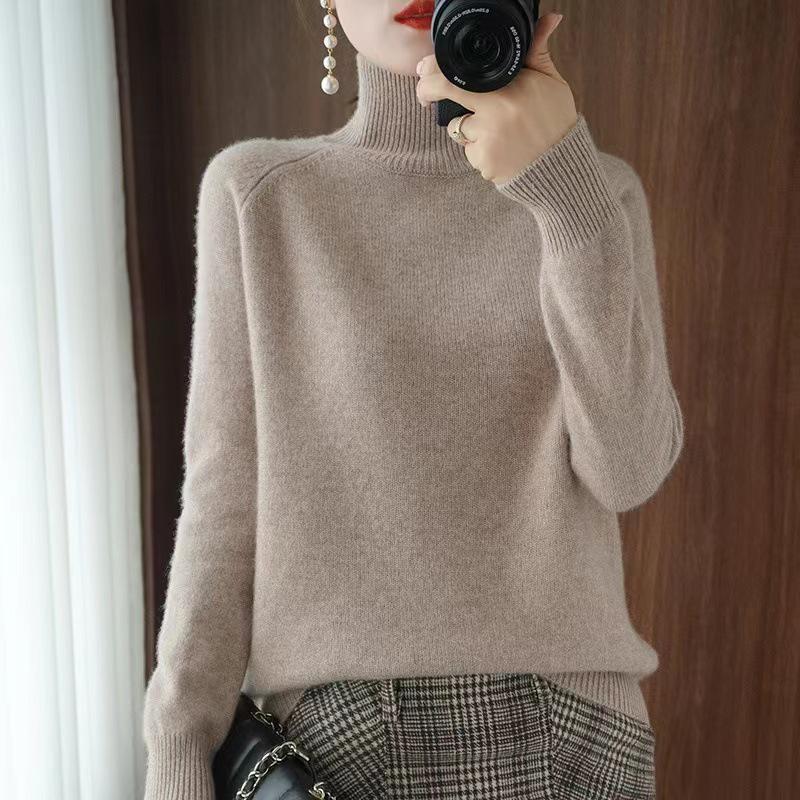 Women's Cashmere High Collar Pullover Sweater - Autumn/Winter 2023 Loose Knit, Solid Color 
