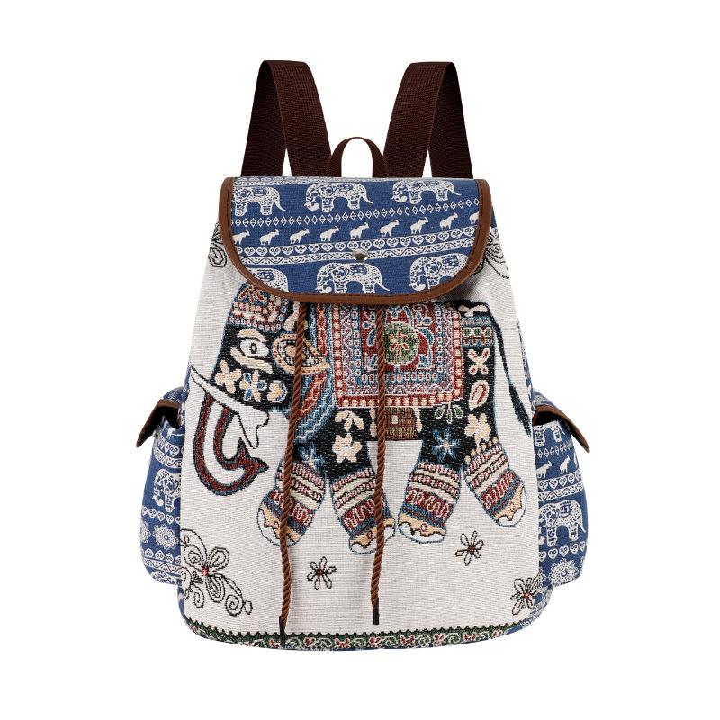 Women’s Ethnic Elephant Backpack Canvas Drawstring Rucksack Boho Vintage Travel School Bag Daypack