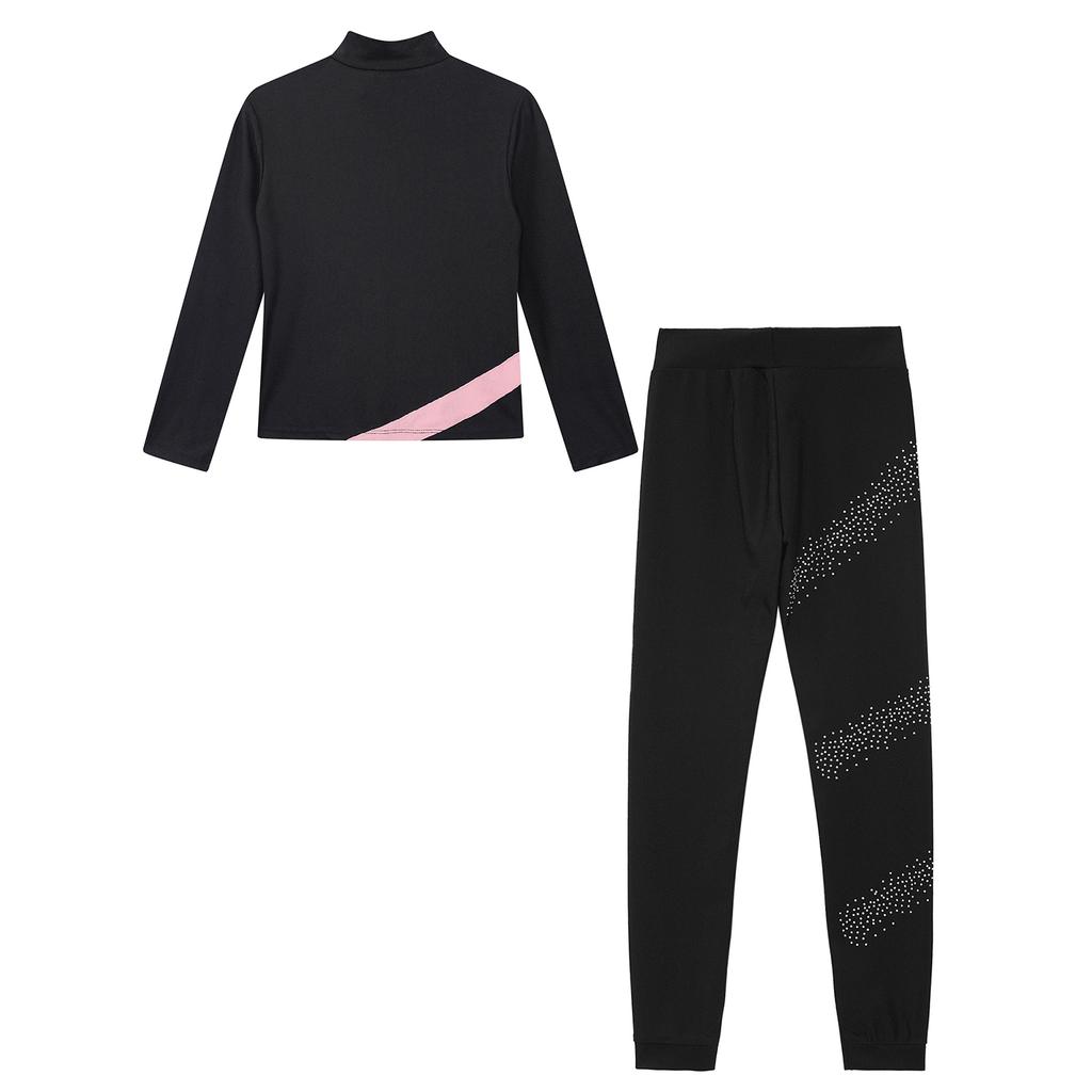 Mädchen Eiskunstlauf Outfit Kontrastfarbe Langarm Stehkragen Reißverschluss Sweatshirt Strasssteine Verziert Leggings Set