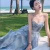 Coffee Break French Blue Suspender Dress Women's Summer New Seaside Vacation Beach Dress Sunset Fairy Skirt