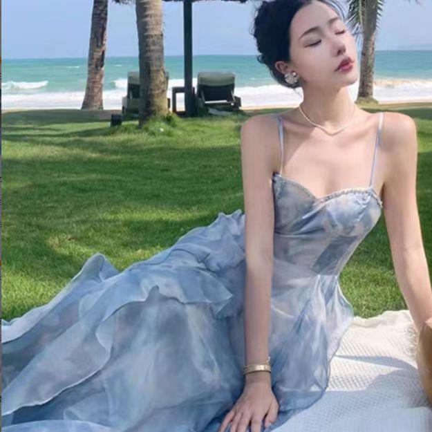 Coffee Break French Blue Suspender Dress Women's Summer New Seaside Vacation Beach Dress Sunset Fairy Skirt