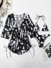 2024 High-Waisted Mesh Waist-Cinched One-Piece Swimsuit with Printed Drawstring and Three-Piece Bikini Set