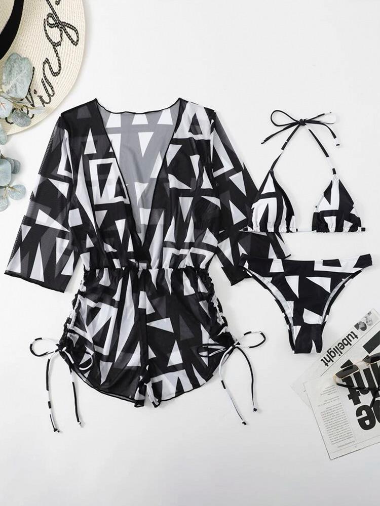 2024 High-Waisted Mesh Waist-Cinched One-Piece Swimsuit with Printed Drawstring and Three-Piece Bikini Set