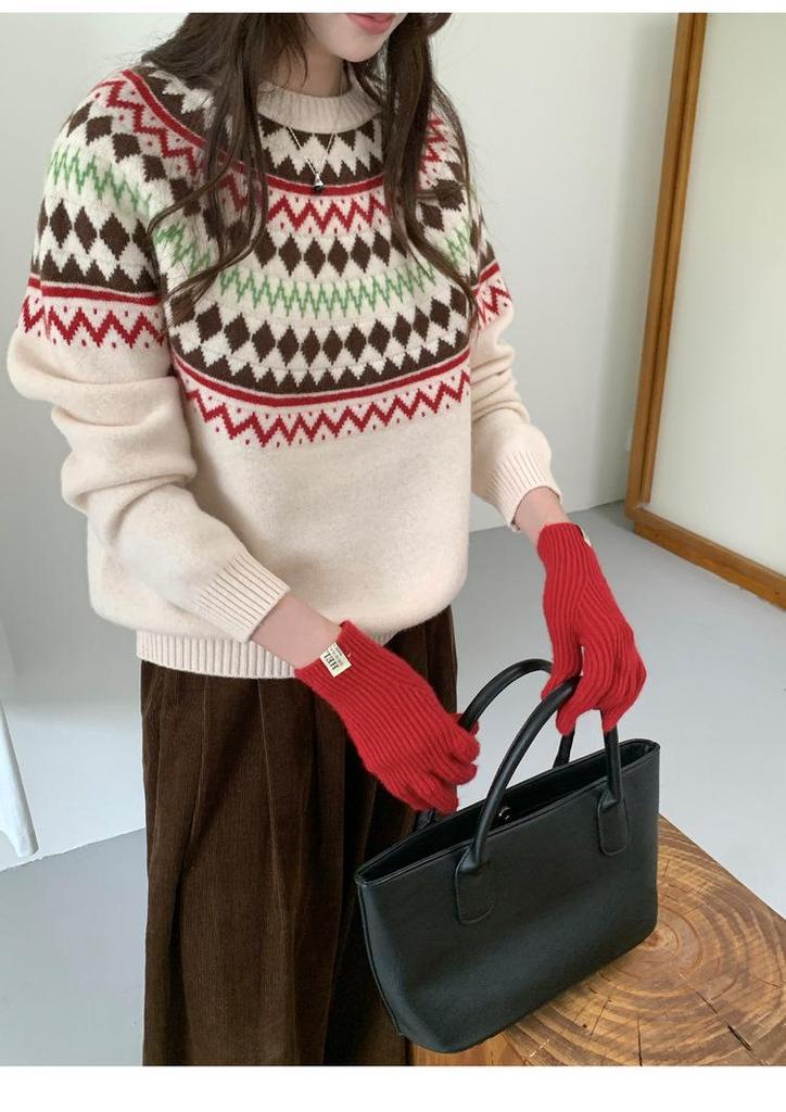 Women's 100% Wool Fair Isle Round Neck Sweater - Retro Jacquard Knitwear for Autumn/Winter