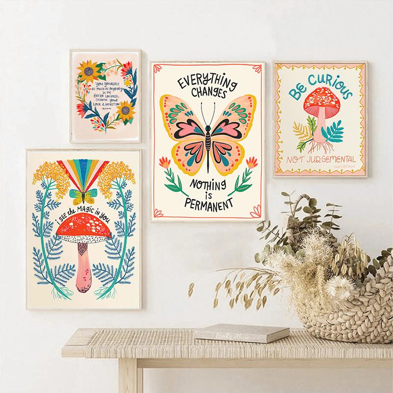 Boho Art Inspirational Quote Poster Canvas Painting Mushroom Heart Butterfly Bird Flowers Wall Art For Modern Room Home Decor